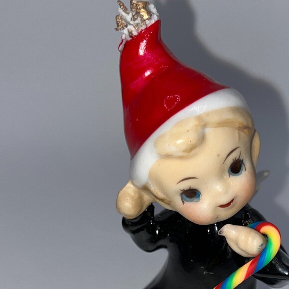 Vintage Dancing Angel Pixie Elf Santa Helper Ceramic Pixie Black Gown Candy Cane - Picture 2 of 13